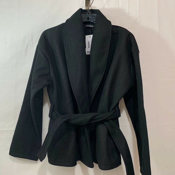 Boohoo Women NWT Wrap Wool Look Belted Coat in Black Size US 10 - Picture 1 of 3